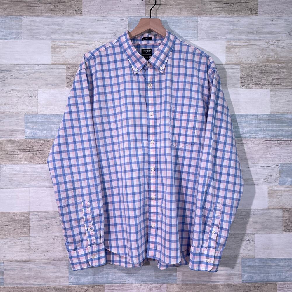 J CREW Slim Untucked Flex Performance Shirt Pink Blue Plaid Golf Work Mens XXL